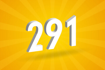 3D 291 number font alphabet. White 3D Number 291 with yellow background