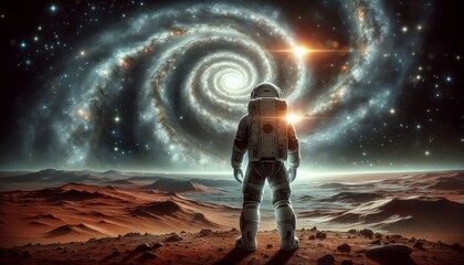 An astronaut in a spacesuit stands on the surface of Mars against the backdrop of a spiral of stars...
