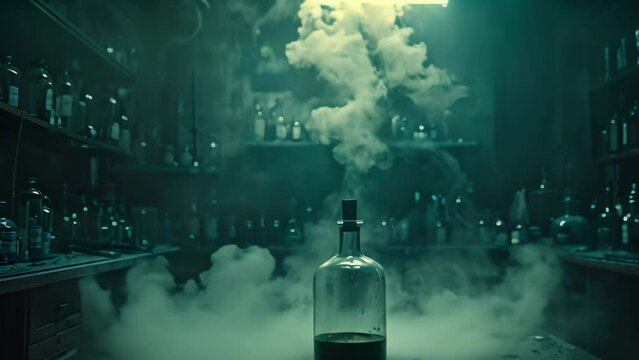 green poisonous magic potion on dark laboratory background