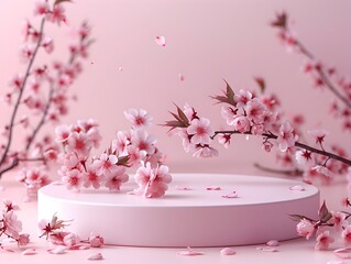 Elegant Round Podiums Infused with the Essence of Cherry Blossom Sprigs on a Pastel Pink Canvas for Enchanting Product Mockup Presentations