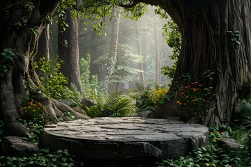 Mystical Forest Podium for Showcasing Cosmetic Products in an Enchanted Natural Setting