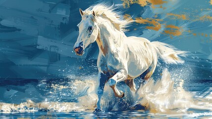 Obraz na płótnie Canvas Illustration of a white horse in motion with splashing blue water.