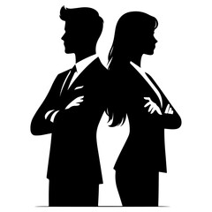 partnership in business. Young man and woman standing back-to-back with crossed hands vector Black color silhouette, isolated white background 6