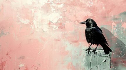 black silhouette of crow on muted pink background oil painting art textured abstract , cards , banners, logos, portraits , posters, 