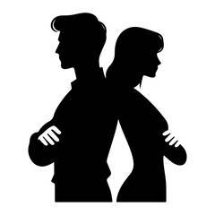 partnership in business. Young man and woman standing back-to-back with crossed hands vector Black color silhouette, isolated white background 11
