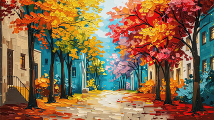 Vibrant street scene painting with colorful autumn trees and blue houses. - obrazy, fototapety, plakaty