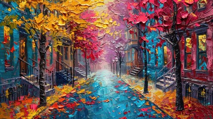 A vibrant street scene with autumn leaves and colorful townhouses in expressive brushstrokes. - obrazy, fototapety, plakaty
