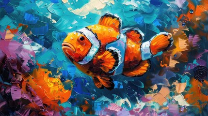 Vibrant clown fish painting amidst blue aquatic brushstrokes.