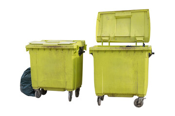 green plastic street trash containers isolated on white background