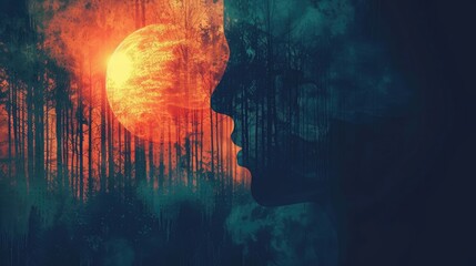 Fototapeta premium Fiery sunset and forest silhouette merged with a woman's profile.