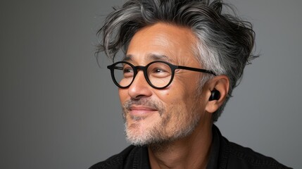 Obraz premium Caucasian mature man with grey hair and glasses, looking thoughtful.