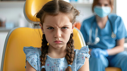 Young girl with braided pigtails frowning, with dentist in blue scrubs behind.