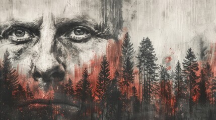 Intense gaze merged with a fiery forest backdrop.