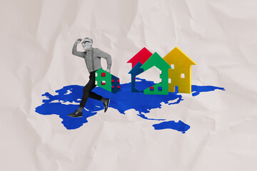 Composite photo collage of happy old agent run hold piece house property real estate agent map move travel isolated on painted background