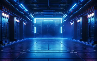 Futuristic Industrial Alien Interior Empty Studio Ultra Modern Laser Glowing with Black Colors 3D Rendering