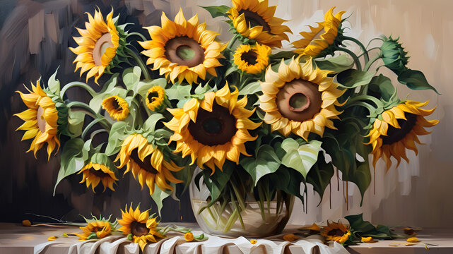 A painting of a vase of sunflowers with a yello flower on it.
