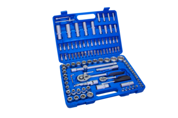 a set of wrenches in a box, blue plastic case with keys for car repair, box with keys on a white background