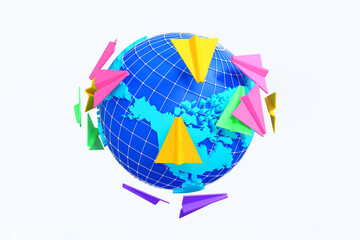 Many paper plane flying around the world, travel and vacation or worldwide connectivity, 3D rendering. - 774845006