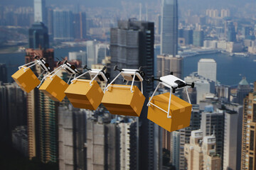 Group of drone delivering parcel box in urban city, futuristic express delivery, 3D rendering. - 774845018