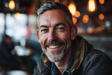 Portrait of a handsome mature man with a beard in a pub - obrazy, fototapety, plakaty