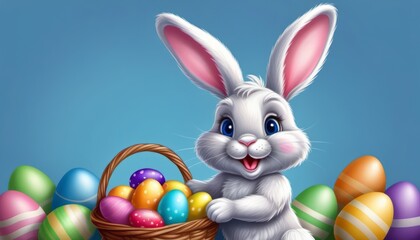 Fototapeta na wymiar Bunny Holding Basket of Eggs on Blue Background