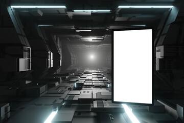 Blank mock up vertical billboard or LCD screen floor stand in spaceship or space station interior, Sci Fi tunnel, 3D rendering. - 774845038