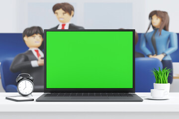 Laptop turn and open to show green screen close up display in office, application website presentation, 3D rendering