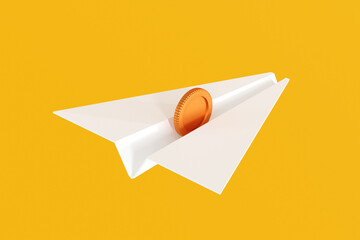Paper plane with gold coin inside flying forward, business innovation, 3D rendering.