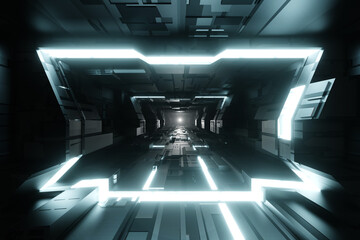 Sci-fi tunnel with glowing neon light, graphic for technology concept, 3D rendering.
