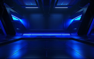 Futuristic Industrial Alien Interior Empty Studio Ultra Modern Laser Glowing with Black Colors 3D Rendering