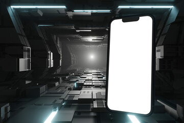 Blank mock up vertical billboard or LCD screen floor stand in spaceship or space station interior, Sci Fi tunnel, 3D rendering. - 774845078