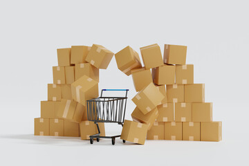Supermarket cart trolley break through parcel wall, shopping delivery, 3D rendering.