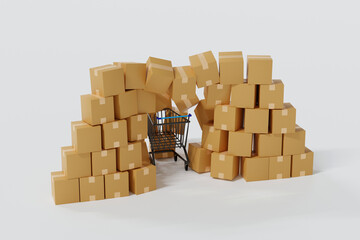 Supermarket cart trolley break through parcel wall, shopping delivery, 3D rendering. - 774845099