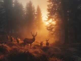 Sunrise in Misty Forest with Graceful Deer
