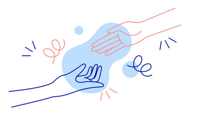 People hands reaching out for each other concept. Two hands reaching out to each other. Help and support concept. Minimalistic vector illustration in line art style. Two hands reach out to each other - 774845466