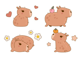 Set of cute and funny capybara characters. Cute capybara animal character rodent. Vector illustration. Cute animals cartoon - 774845478