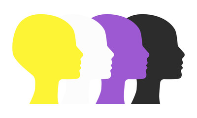 People supporing nonbinary personses rights. Nonbinary  people communicate, vector illustration. Faces of diverse cultures in propfile in different colors of the nonbinary flag - 774845496