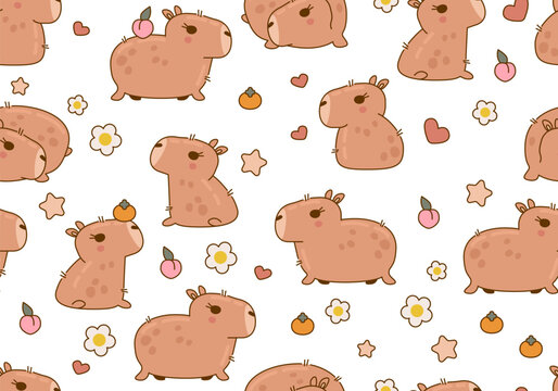 Seamless pattern with cute and funny capybara characters. Cute capybara animal character rodent. Vector illustration. Cute animals cartoon seamless background, texture, backdrop