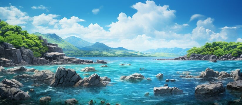Scenic artwork capturing a rocky shoreline with waves gently crashing, against a majestic mountain towering in the distance