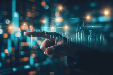 Finger touching a virtual dark screen with graphics