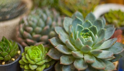 Houseplants, indoor planting , Echeveria plants in colorful pots