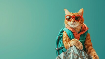 Orange cat with glasses and backpack posing as if ready for adventure, against teal background