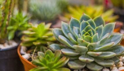 Obraz premium Rustic wooden table adorned with a cluster of colorful Echeveria succulents plants 