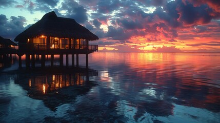 Serene Ocean Sunset Illuminating a Thatched-Roof Hut - obrazy, fototapety, plakaty