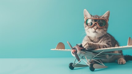 Cat with goggles sitting behind model airplane against blue background - obrazy, fototapety, plakaty