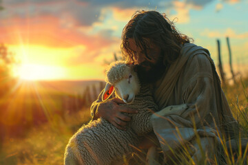 The figure of Jesus in a robe sitting on the grass with a sheep against the background of the sunset. Religion theme
