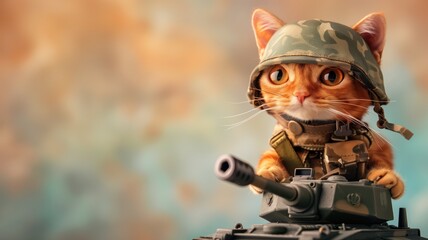 Digital art piece portraying cat with military helmet and gear, manning toy tank against blurred background - obrazy, fototapety, plakaty