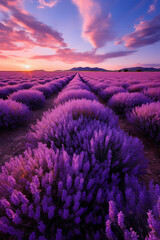 Fototapeta premium Rows of lavender bushes in a field evening sunset light