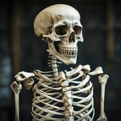 Skeleton on a dark background, half height, skull.