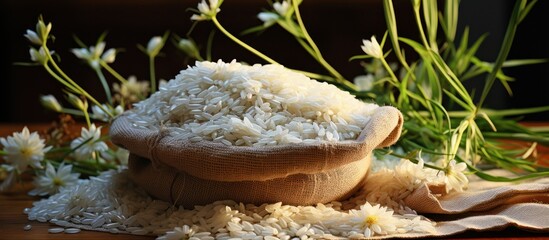 white rice in sacks with rice plant background